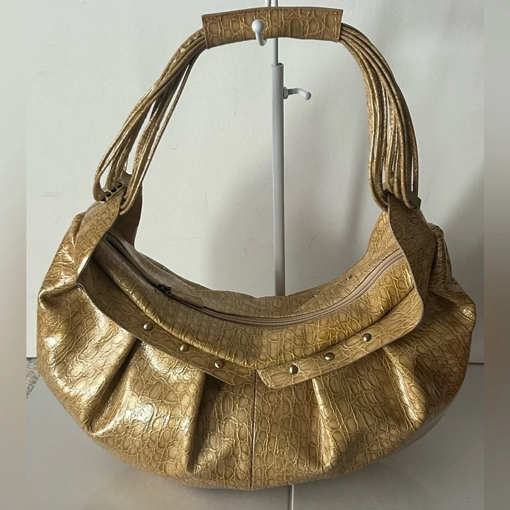 Charlie Lapson Metallic Gold Croc Embossed Hobo Shoulder Bag